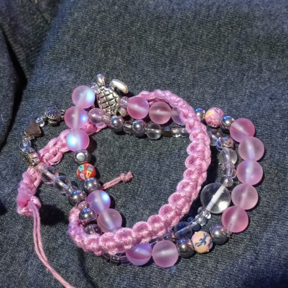3 Hand Made Braclets, Hearts, Turtle, Pink